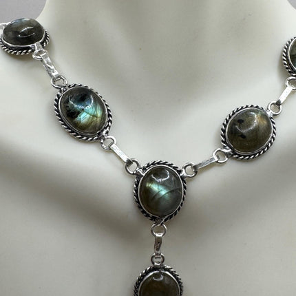 Vintage Pendant Choker Necklace | Green Labradorite Moonstone Gemstone Elegant Design | 925 Sterling Silver Statement Necklace