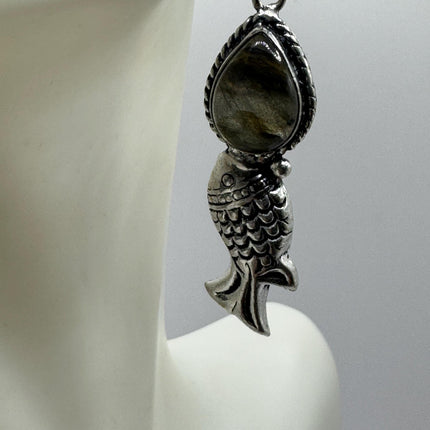 Vintage dangle| Green Labradorite Earrings Moonstone Gemstone Elegant Fish Design | 925 Sterling Silver leverbacks Statement