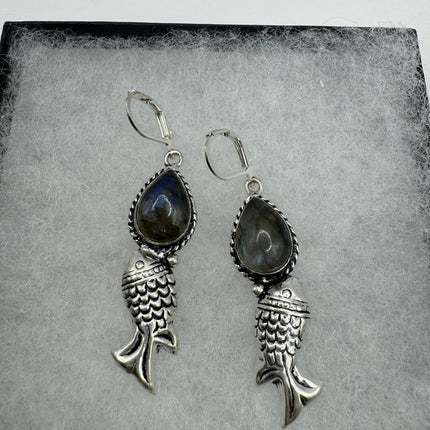 Vintage dangle| Green Labradorite Earrings Moonstone Gemstone Elegant Fish Design | 925 Sterling Silver leverbacks Statement