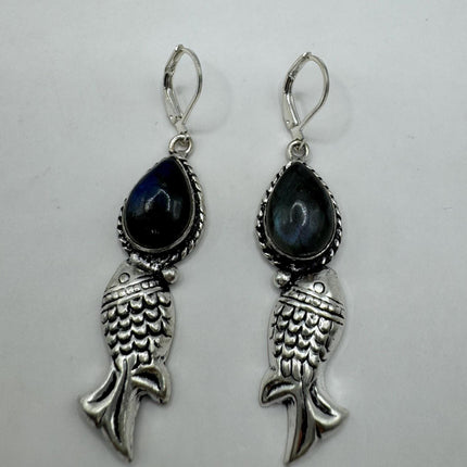Vintage dangle| Green Labradorite Earrings Moonstone Gemstone Elegant Fish Design | 925 Sterling Silver leverbacks Statement
