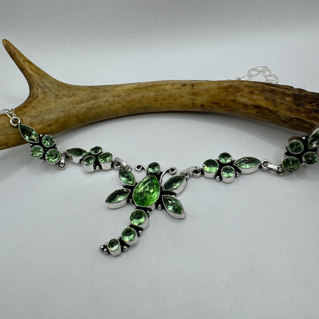 Vintage Peridot Green Glass Dragonfly Silver Boho Statement Necklace