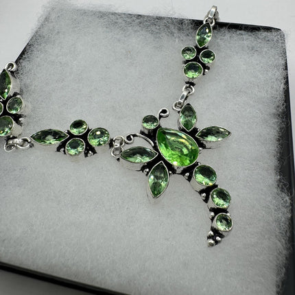 Vintage Peridot Green Glass Dragonfly Silver Boho Statement Necklace