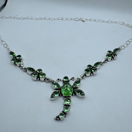 Vintage Peridot Green Glass Dragonfly Silver Boho Statement Necklace
