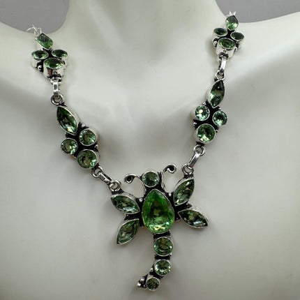 Vintage Peridot Green Glass Dragonfly Silver Boho Statement Necklace