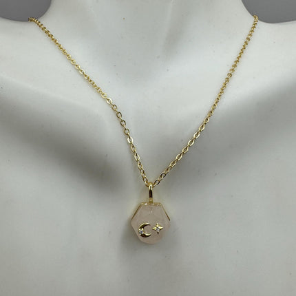 Vintage Moon Star Islam | Tiny Gold Charm Necklace | Pink Rose Quartz Gemstone Dainty Gold 925 Sterling Silver l Minimalist Mini Necklace