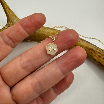 Vintage Moon Star Islam | Tiny Gold Charm Necklace | Pink Rose Quartz Gemstone Dainty Gold 925 Sterling Silver l Minimalist Mini Necklace