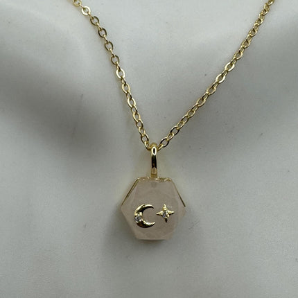 Vintage Moon Star Islam | Tiny Gold Charm Necklace | Pink Rose Quartz Gemstone Dainty Gold 925 Sterling Silver l Minimalist Mini Necklace