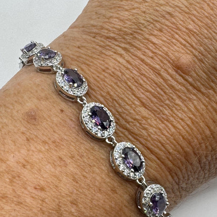 Vintage Silver Tennis Bracelet | White Sapphire Purple Amethyst Gemstone | 925 Sterling Silver Adjustable Bracelet