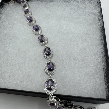 Vintage Silver Tennis Bracelet | White Sapphire Purple Amethyst Gemstone | 925 Sterling Silver Adjustable Bracelet