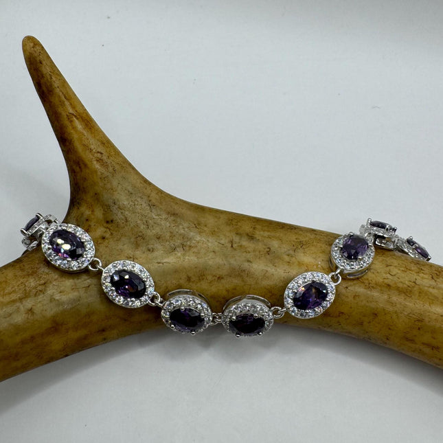 Vintage Silver Tennis Bracelet | White Sapphire Purple Amethyst Gemstone | 925 Sterling Silver Adjustable Bracelet