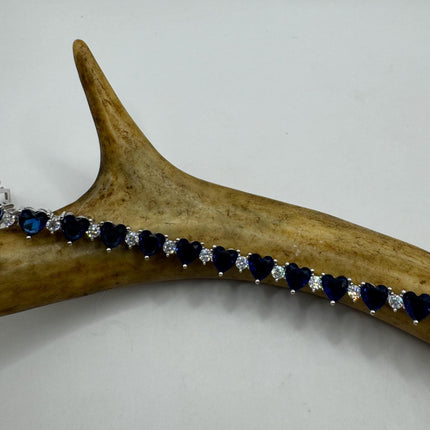 Vintage Silver Heart Tennis Bracelet | White and blue Sapphire Cubic Zirconia | 925 Sterling Silver