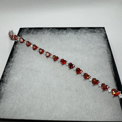 Vintage Silver Heart Tennis Bracelet | White and Garnet Red Cubic Zirconia | 925 Sterling Silver