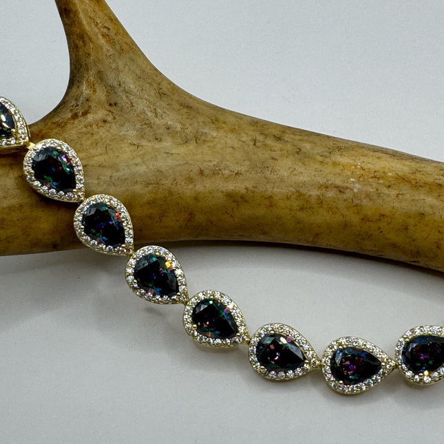Vintage Gold Tennis Bracelet | Mystic Blue Topaz Gemstone Dainty Box Chain | Golden 925 Sterling Silver Everyday Wedding | Something Blue