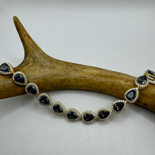 Vintage Gold Tennis Bracelet | Mystic Blue Topaz Gemstone Dainty Box Chain | Golden 925 Sterling Silver Everyday Wedding | Something Blue