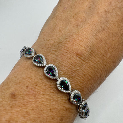 Vintage Silver Tennis Bracelet | Mystic Blue Topaz Gemstone Dainty Box Chain | 925 Sterling Silver Everyday Wedding | Something Blue