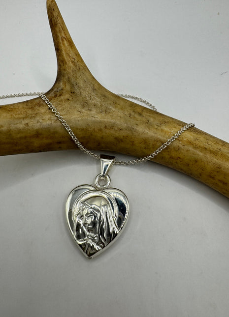 Vintage Silver Necklace Sterling Silver Mary Heart Link Chain Necklace for Him for Her or for Anyone