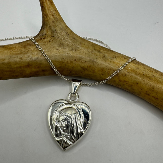 Vintage Silver Necklace Sterling Silver Mary Heart Link Chain Necklace for Him for Her or for Anyone