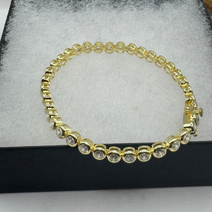 Vintage Gold Tennis Bracelet | Bezel Set Cubic Zirconia Crystal Diamond Gemstone | Golden 925 Sterling Silver Stackable Tennis Bracelet
