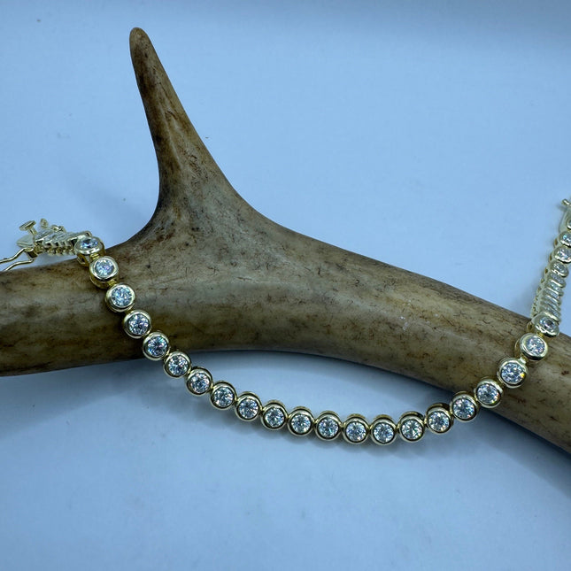 Vintage Gold Tennis Bracelet | Bezel Set Cubic Zirconia Crystal Diamond Gemstone | Golden 925 Sterling Silver Stackable Tennis Bracelet