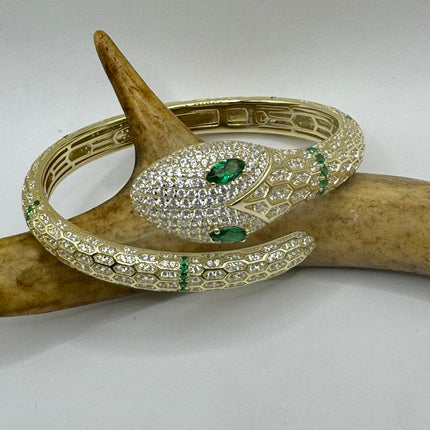 Vintage Silver Snake Bracelet | Emerald Green and Cubic Zirconia Crystal Diamond Serpent Bangle Cuff | 925 Sterling Silver Bracelet