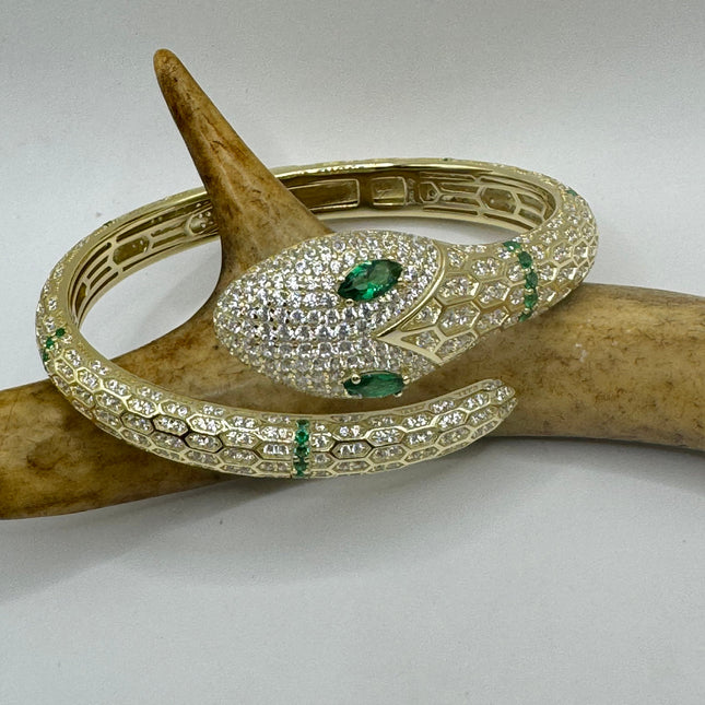 Vintage Silver Snake Bracelet | Emerald Green and Cubic Zirconia Crystal Diamond Serpent Bangle Cuff | 925 Sterling Silver Bracelet