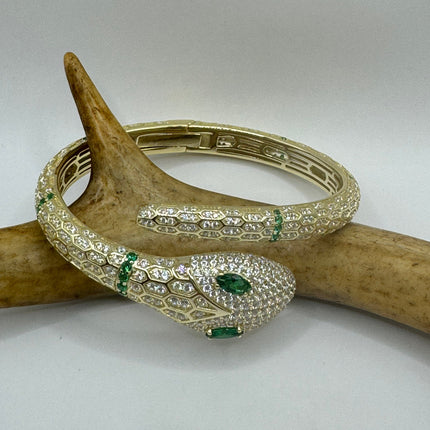 Vintage Silver Snake Bracelet | Emerald Green and Cubic Zirconia Crystal Diamond Serpent Bangle Cuff | 925 Sterling Silver Bracelet