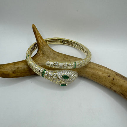 Vintage Silver Snake Bracelet | Emerald Green and Cubic Zirconia Crystal Diamond Serpent Bangle Cuff | 925 Sterling Silver Bracelet