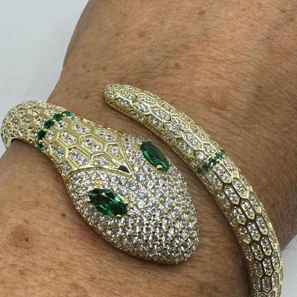 Vintage Silver Snake Bracelet | Emerald Green and Cubic Zirconia Crystal Diamond Serpent Bangle Cuff | 925 Sterling Silver Bracelet