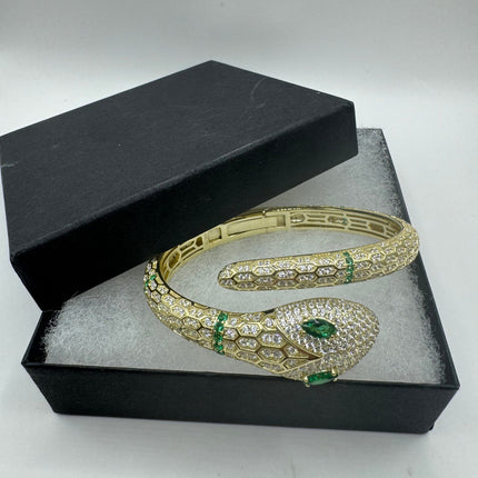 Vintage Silver Snake Bracelet | Emerald Green and Cubic Zirconia Crystal Diamond Serpent Bangle Cuff | 925 Sterling Silver Bracelet
