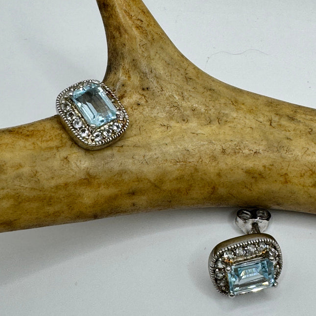 Vintage Silver Earrings | Blue Aquamarine White Sapphire Gemstone Stud Button Simple Minimal Earrings | 925 Sterling Silver