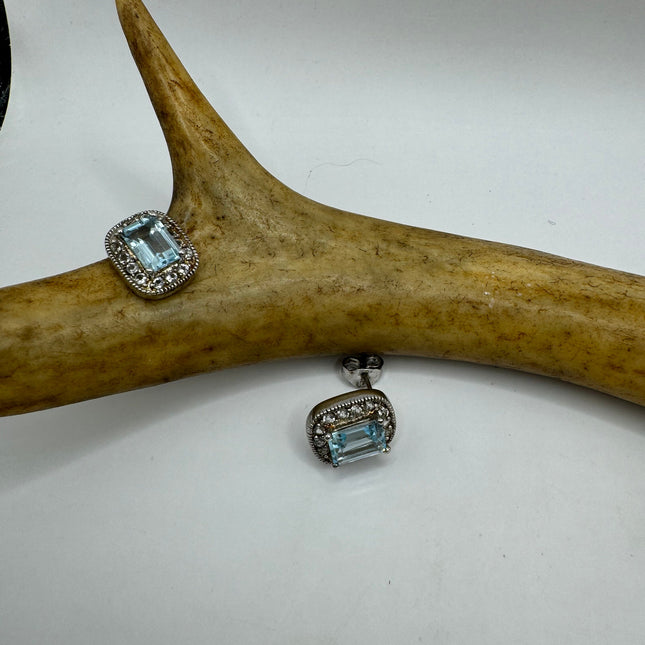 Vintage Silver Earrings | Blue Aquamarine White Sapphire Gemstone Stud Button Simple Minimal Earrings | 925 Sterling Silver