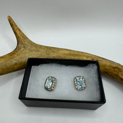 Vintage Silver Earrings | Blue Aquamarine White Sapphire Gemstone Stud Button Simple Minimal Earrings | 925 Sterling Silver