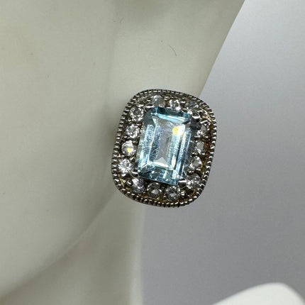 Vintage Silver Earrings | Blue Aquamarine White Sapphire Gemstone Stud Button Simple Minimal Earrings | 925 Sterling Silver