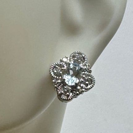 Vintage Silver Earrings | Blue Aquamarine White Sapphire Gemstone Stud Button Simple Minimal Earrings | 925 Sterling Silver