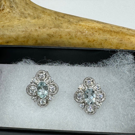 Vintage Silver Earrings | Blue Aquamarine White Sapphire Gemstone Stud Button Simple Minimal Earrings | 925 Sterling Silver
