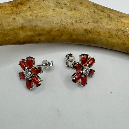 Vintage Silver Earrings | Garnet Gemstone 925 Sterling Silver Red Garnet Flower Stud Button Earrings | Everyday | Minimal | Simple