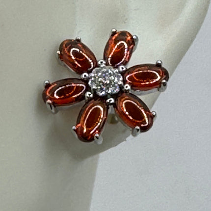 Vintage Silver Earrings | Garnet Gemstone 925 Sterling Silver Red Garnet Flower Stud Button Earrings | Everyday | Minimal | Simple