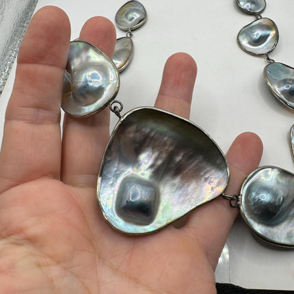 Vintage Pearl Necklace | Hand Set Gray Mobe Pearl Gemstone 20 Inch Elegant Statement Layering 925 Sterling Silver Necklace