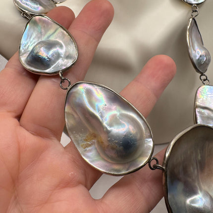 Vintage Pearl Necklace | Hand Set Gray Mobe Pearl Gemstone 20 Inch Elegant Statement Layering 925 Sterling Silver Necklace
