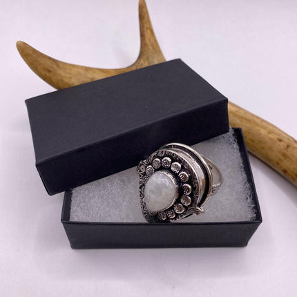 Vintage Silver Bronze Poison Ring | Size 8.75 Rainbow Moonstone Unique Gift Statement Ring