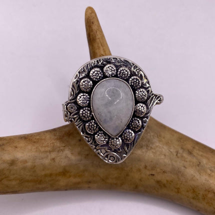 Vintage Silver Bronze Poison Ring | Size 8.75 Rainbow Moonstone Unique Gift Statement Ring