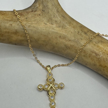 Vintage 9k Gold Filled Tiny Cross on a Gold Filled Chain Necklace - Diamond look, sparkle, minimalist, antique design