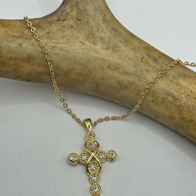Vintage 9k Gold Filled Tiny Cross on a Gold Filled Chain Necklace - Diamond look, sparkle, minimalist, antique design