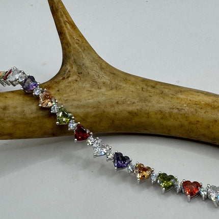 Vintage Heart Silver Tennis Bracelet | CZ Crystal Rainbow 925 Sterling Silver Bracelet | Elegant Everyday Wedding or Prom
