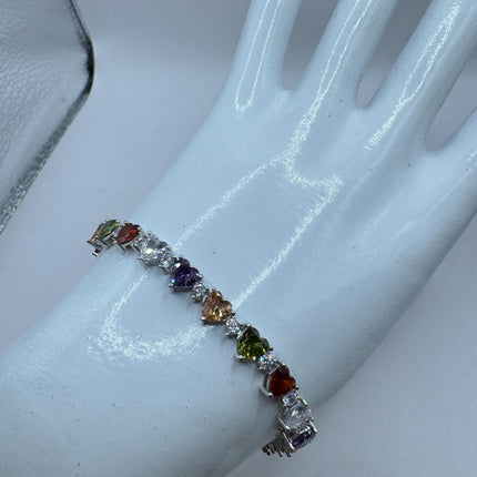 Vintage Heart Silver Tennis Bracelet | CZ Crystal Rainbow 925 Sterling Silver Bracelet | Elegant Everyday Wedding or Prom