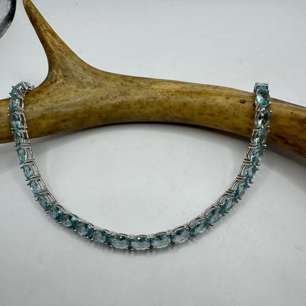 Vintage Silver Tennis Bracelet | Blue Topaz Gemstone Tiny Crystal Birthstone 925 Sterling Silver Box Bracelet | Something Blue