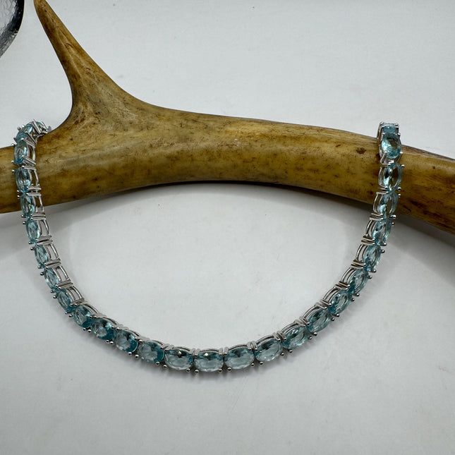 Vintage Silver Tennis Bracelet | Blue Topaz Gemstone Tiny Crystal Birthstone 925 Sterling Silver Box Bracelet | Something Blue