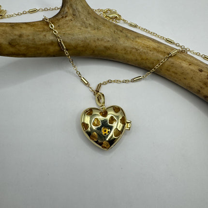 Vintage Gold Locket | Tiny Etched Heart Charm 9K GF Gold Chain | Mini Dainty Memory Pendant Necklace
