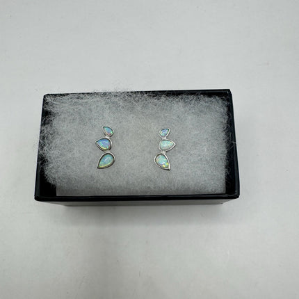 Vintage Silver Earrings | White Fire Opal Stud Button Earrings