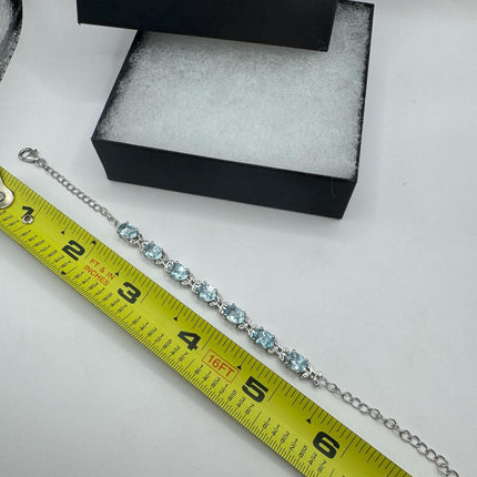 Vintage Silver Tennis Bracelet | Blue Topaz Gemstone Tiny Crystal Birthstone 925 Sterling Silver Box Bracelet | Something Blue